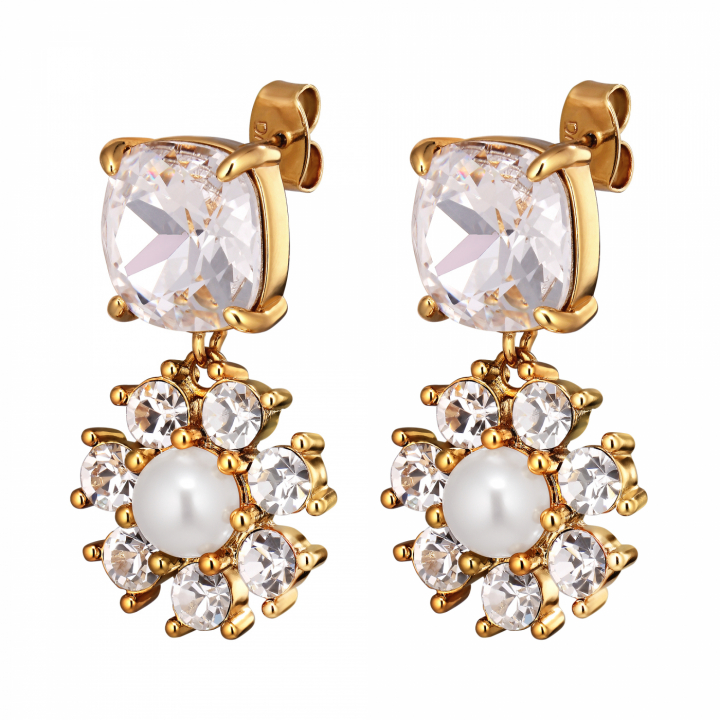 POPPY SG CRYSTAL / WHITE PEARL Earrings Gold in de groep Oorbellen / Pareloorbellen bij SCANDINAVIAN JEWELRY DESIGN (460502)