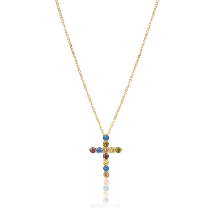 Belluno Croce  - 18k Goudpläterad, med multifärgade zirkoner Kettingen in de groep Kettingen / Gouden kettingen bij SCANDINAVIAN JEWELRY DESIGN (SJ-N2394-XCZ-YG)
