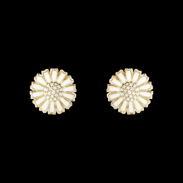 DAISY Earrings Gold-plated Silver Diamonds WHITE ENAMEL 11 MM