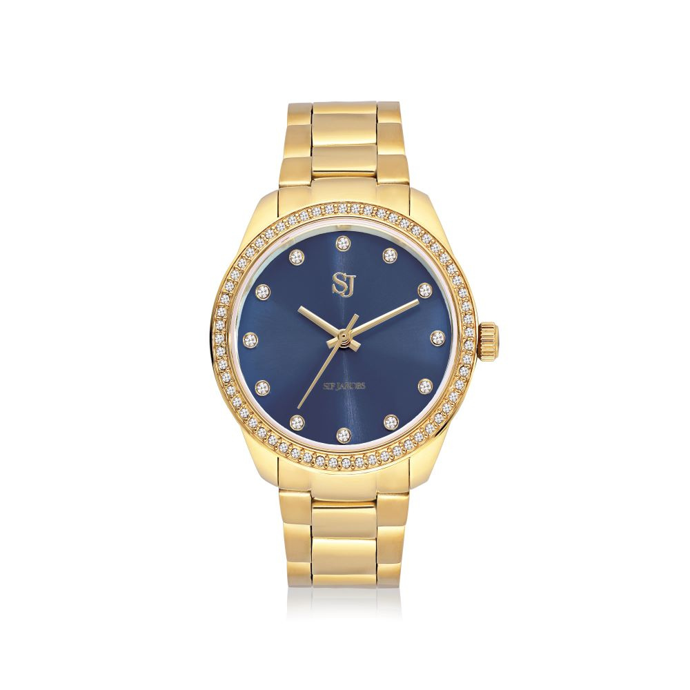 Valeria - Goudpläterad rostfritt stål med mörkblå sunray urtavla och vita zirkoner Klocka 
